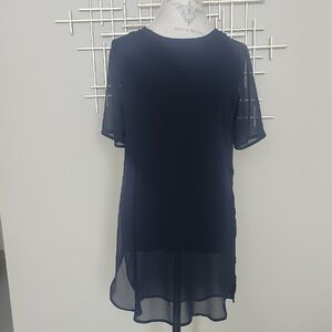 NWT Joan Vass Navy Sheer Tunic Tshirt Lined Size Small